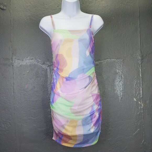 Nasty Gal Bodycon Dress 2 XS Mini Mesh Abstract Pastel Print Strappy Stretch NEW - Picture 2 of 16